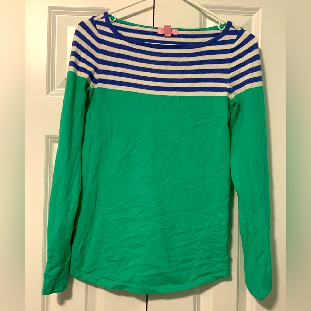 Lilly Pulitzer Maria Boatneck Striped Long Sleeve Pullover Blue Green & White